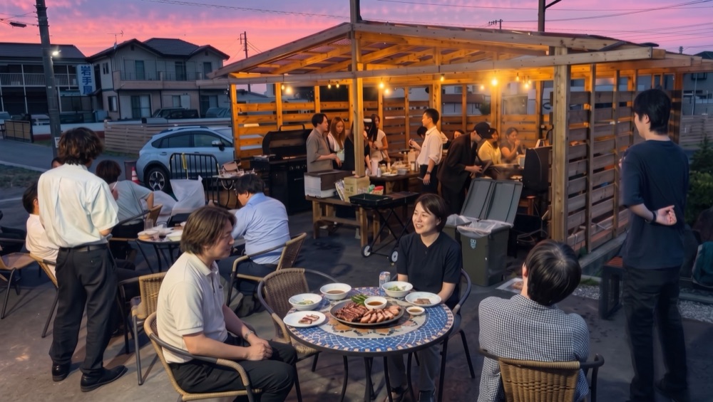 夕暮れのBBQスペースで交流する参加者