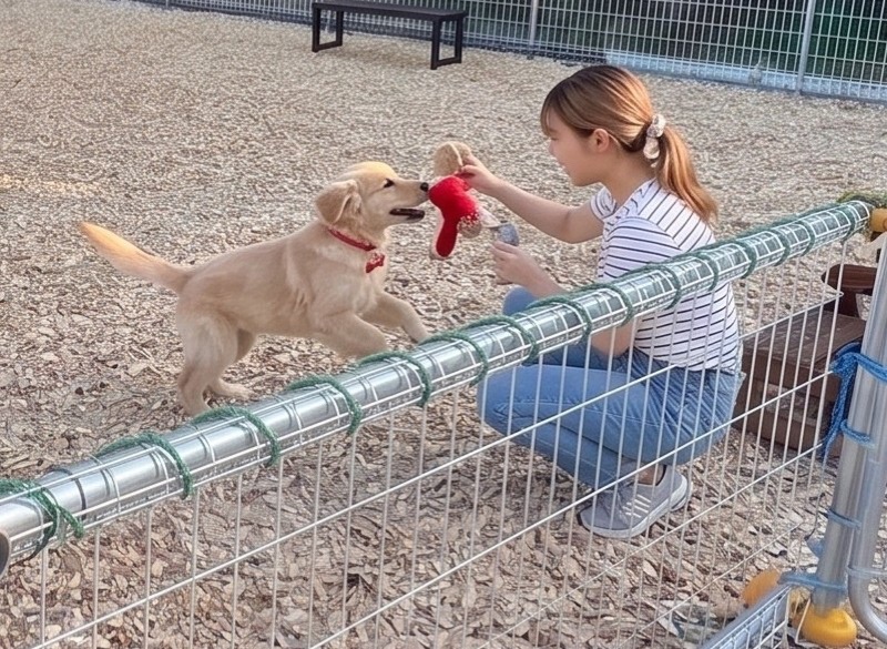 併設のドッグランで遊ぶワンちゃんと飼い主さん