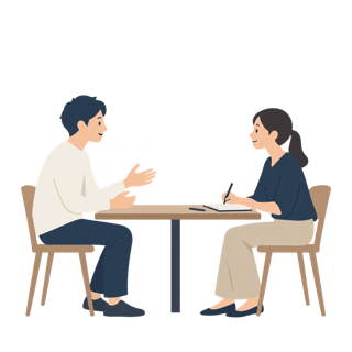 机をはさんで向かい合い、要望を聞き取っている様子