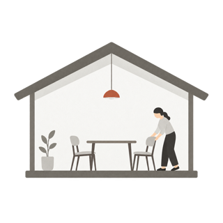 建物の断面。使われていない部屋に机と椅子を置き、使える場にしている様子
