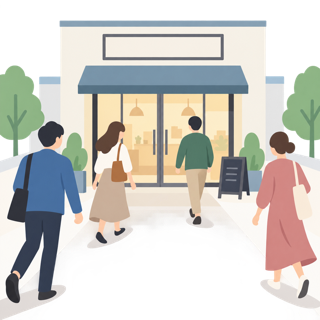 開かれた施設に人が集まってくる様子